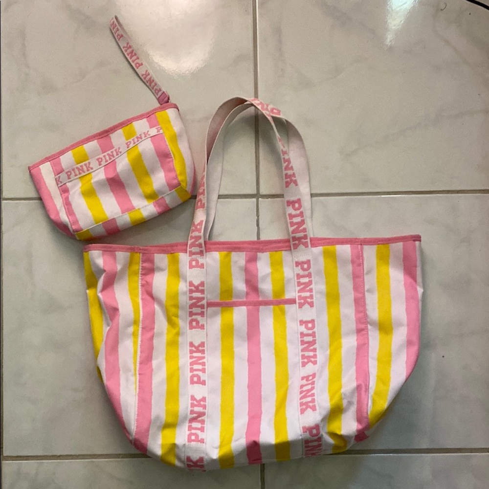 Victoria’s Secret PINK Striped Pink/Yellow & White Tote Bag with Pouch